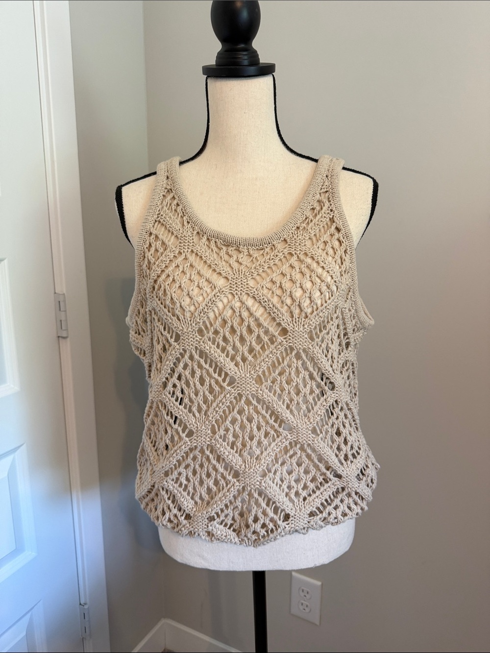 Light Beige Crochet Tank Top - Open-Knit Summer Layering